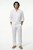 FJØRNA men's white linen co-ord set featuring a shirt and trousers, perfect for summer casual wear.