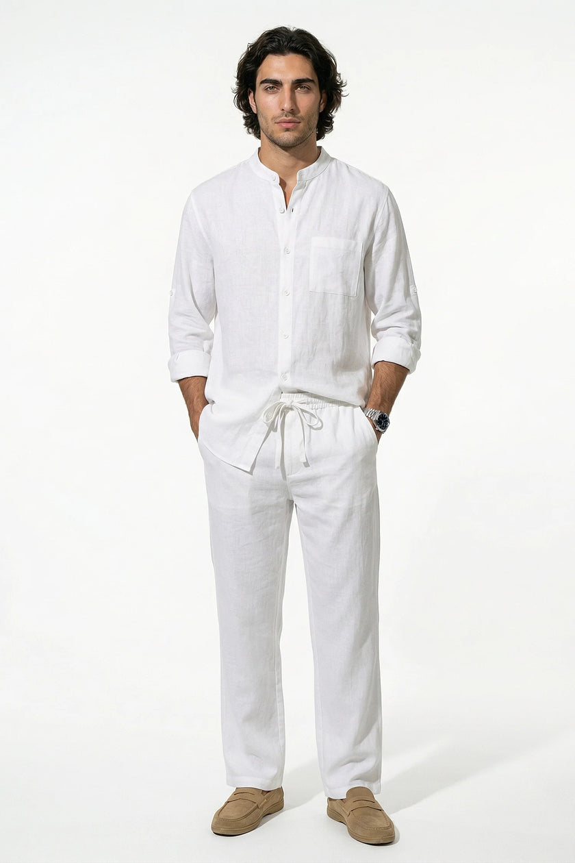 FJØRNA men's white linen co-ord set featuring a shirt and trousers, perfect for summer casual wear.