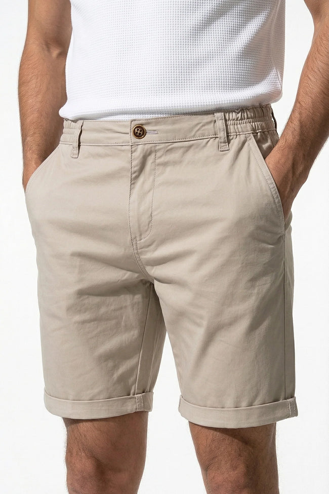 Men's cotton chino shorts by FJØRNA, tailored summer casual pants in champagne color, featuring a relaxed fit and classic design.