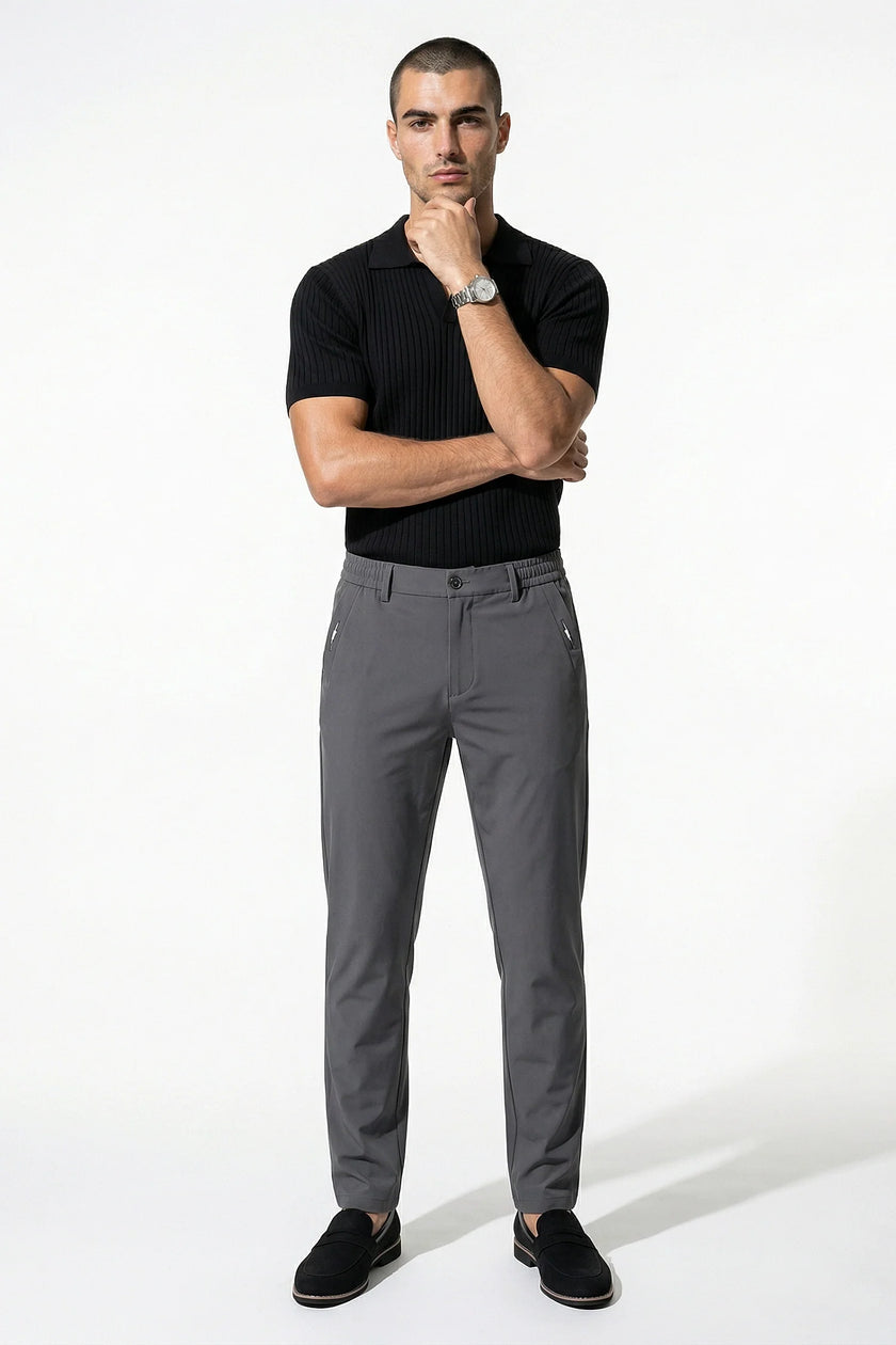 Men's slim fit chino trousers by FJØRNA in dark grey, made with stretch ultra-thin fabric for a sleek, comfortable look.