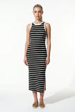 Black ribbed midi dress by FJØRNA featuring a slim fit, sleeveless design, perfect for casual women’s fashion.
