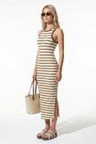 FJØRNA ribbed khaki midi dress for women, slim fit, sleeveless, casual style, full-body view