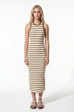 FJØRNA ribbed khaki midi dress for women, slim fit, sleeveless, casual style, showcasing the textured fabric and elegant design.