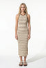 FJØRNA ribbed khaki midi dress for women, slim fit, sleeveless, casual style, showcasing the textured fabric and elegant design.