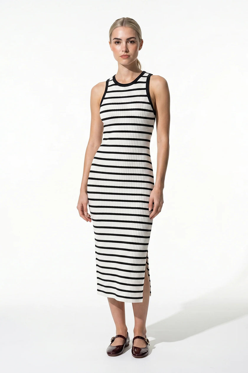 White ribbed midi dress by FJØRNA, sleeveless and slim fit, casual style perfect for women.