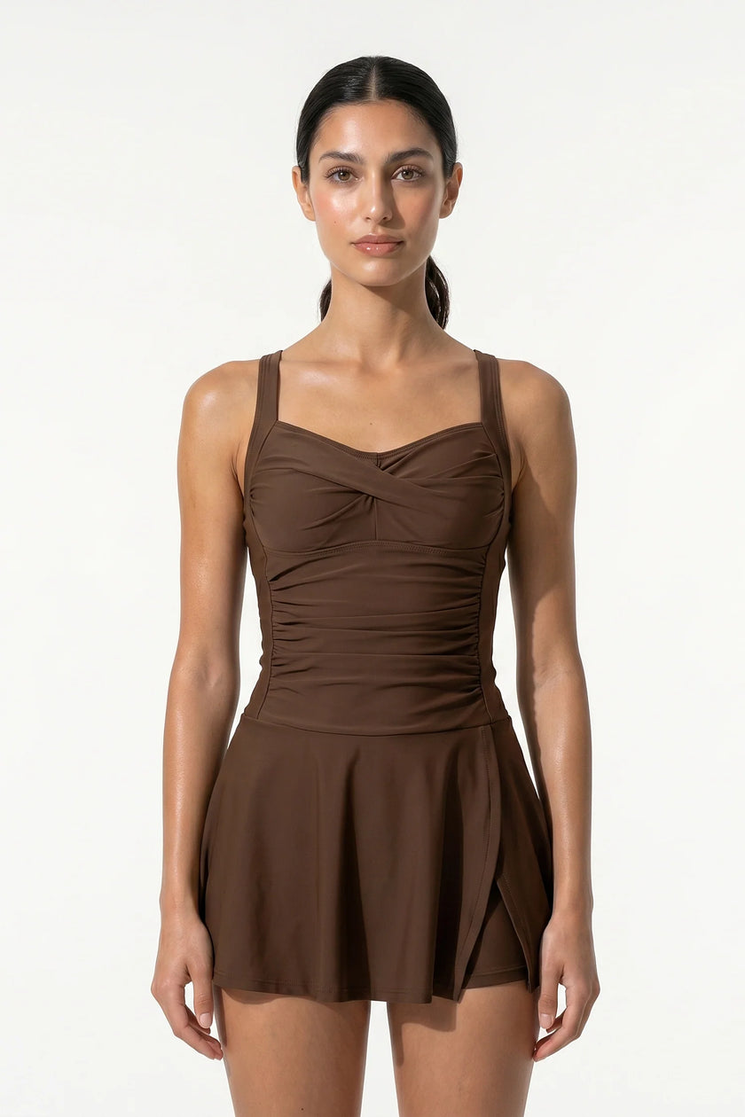 FJØRNA sleeveless tankini co-ord dress for women, stylish summer beach dress in coffee color with a chic, casual look.