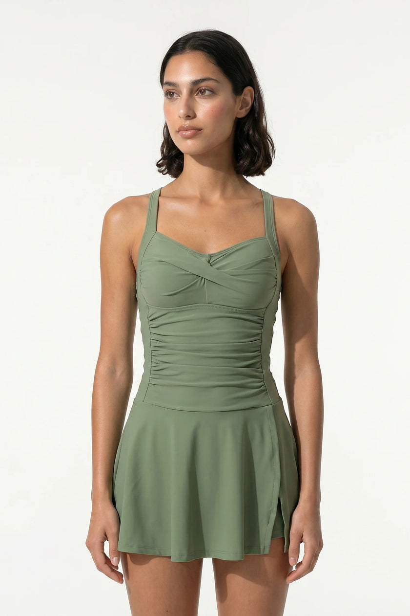 FJØRNA women's tankini co-ord two-piece beach dress in military green, stylish summer beach set for women.