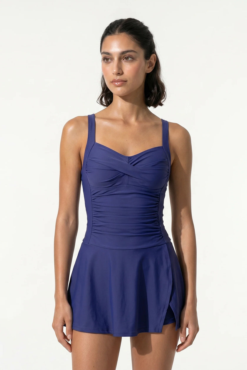 FJØRNA sleeveless tankini co-ord dress for women, stylish purple-blue summer beach dress with a relaxed fit.