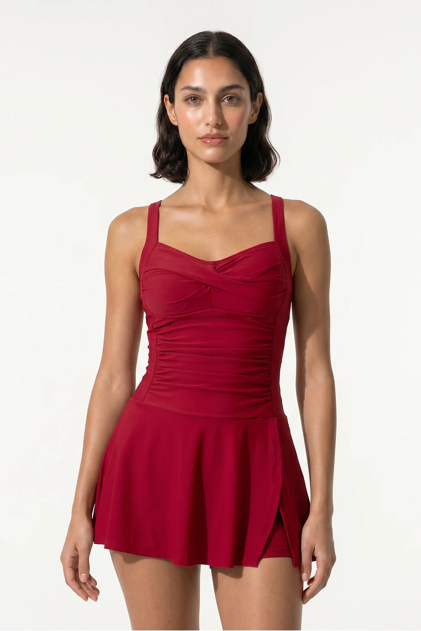 FJØRNA stylish red tankini co-ord dress for women, sleeveless summer beach dress with a chic, relaxed fit.