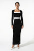 Black and white monochrome bodycon maxi dress for women by FJØRNA, shown from a 3/4 front view highlighting fitted silhouette.