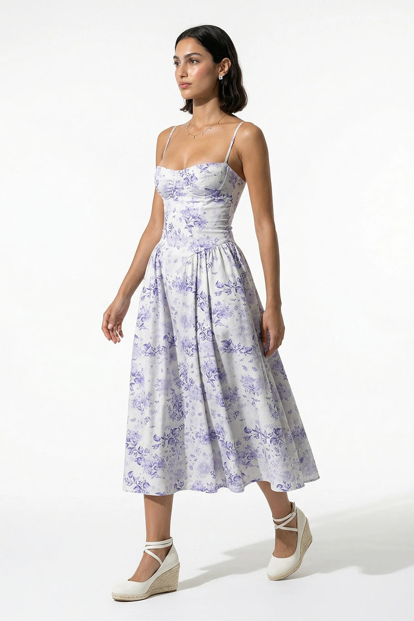 FJØRNA women's sleeveless floral midi dress in purple with lightweight fabric, perfect for summer wear.