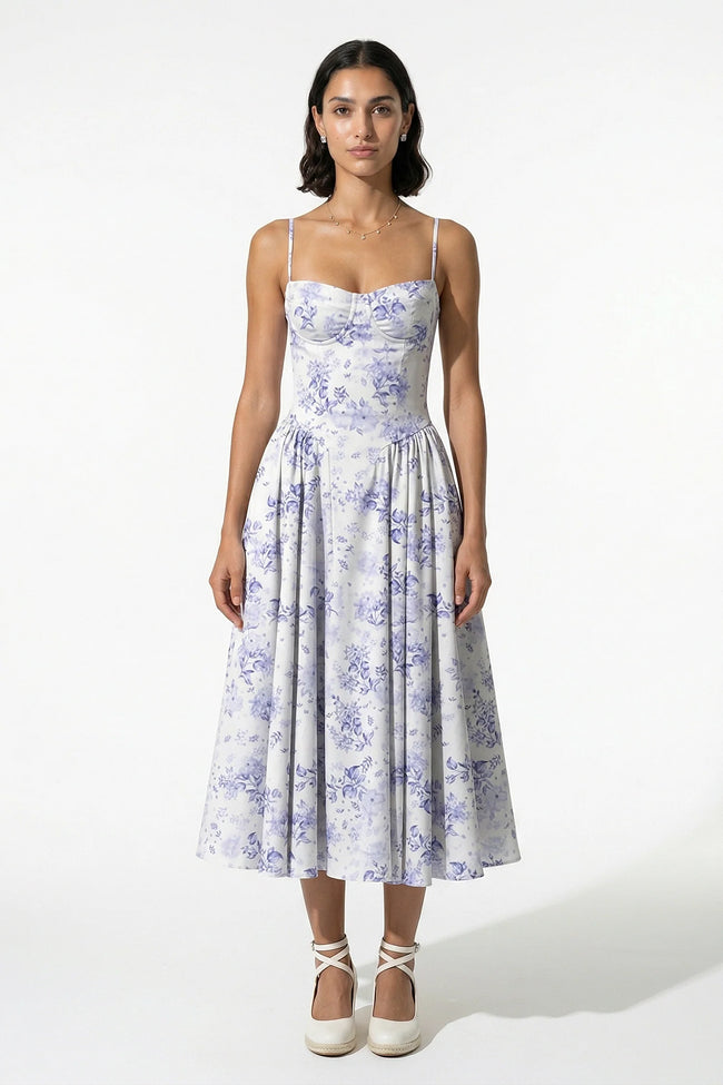 FJØRNA women's sleeveless floral midi dress in purple with lightweight fabric, perfect for summer wear.