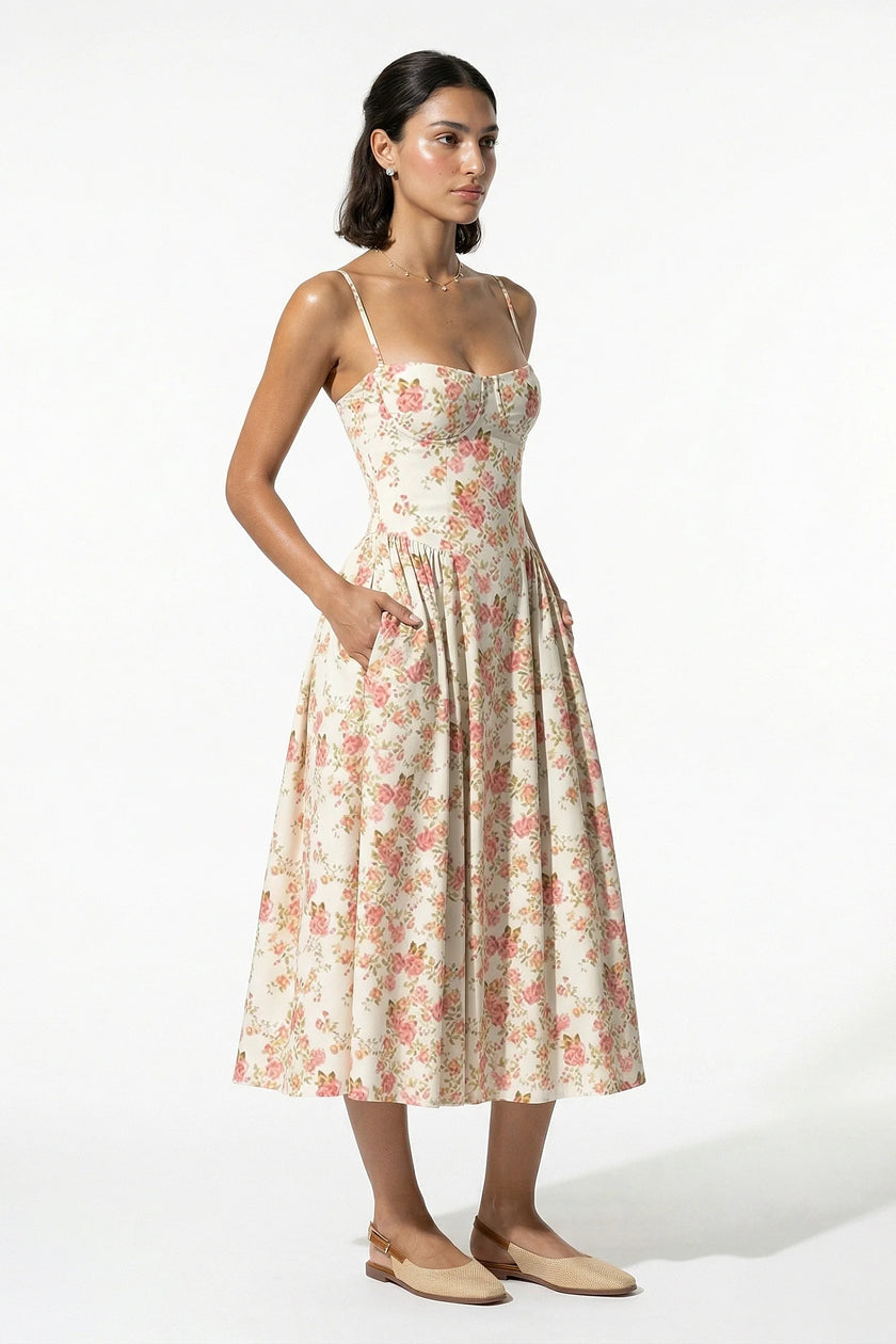FJØRNA floral sleeveless midi dress for women, lightweight summer dress with red floral pattern, full-body view.