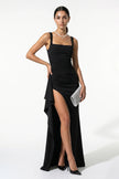 Black FJØRNA women’s high-slit sling maxi dress, sleeveless design, full-body view showcasing elegant flowy fabric and stylish cut.
