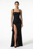 Black high-slit maxi dress for women with a sling design, sleeveless style by FJØRNA, perfect for elegant summer occasions.