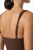 Brown high-slit sling maxi dress for women by FJØRNA, sleeveless design with a flowing, elegant silhouette.