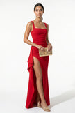 Red high-slit maxi dress for women by FJØRNA featuring a sleeveless design and sling straps, full-body view.