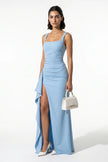 Sky blue FJØRNA high-slit sling maxi dress for women, sleeveless design, full-length with elegant flowy fabric.