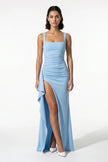 Sky blue high-slit maxi dress for women with sling design and sleeveless style by FJØRNA, perfect for elegant summer looks.