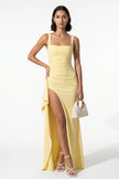 Yellow FJØRNA women's high-slit sling maxi dress, sleeveless design, full-body view showcasing elegant, flowing fabric.