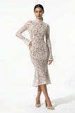 FJØRNA women's white lace midi dress with long sleeves, fitted design, front view showcasing elegant lace detailing and tailored fit.