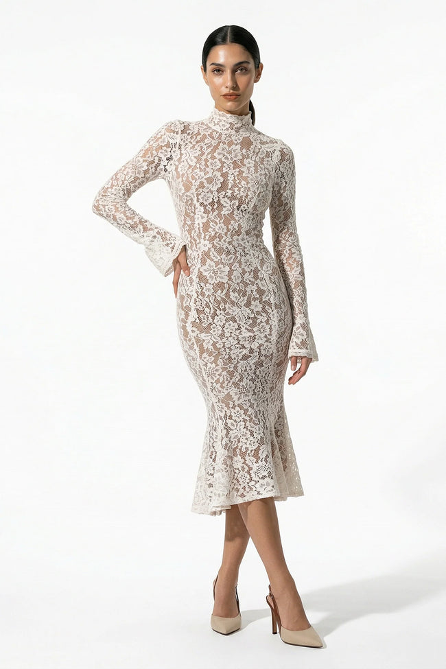 White lace midi dress for women by FJØRNA, featuring long sleeves and a fitted silhouette, shown from the front view.