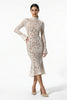 FJØRNA women's white lace midi dress with long sleeves, fitted design, front view showcasing elegant lace detailing and tailored fit.