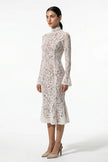 FJØRNA white lace midi dress for women, long sleeve fitted design, side view showing elegant lace details and sleek silhouette.