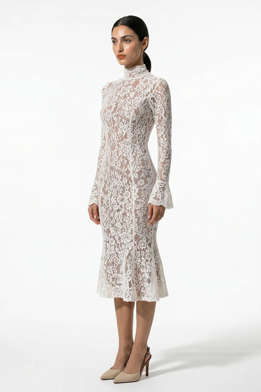 FJØRNA white lace midi dress for women, long sleeve fitted design, side view showing elegant lace details and sleek silhouette.