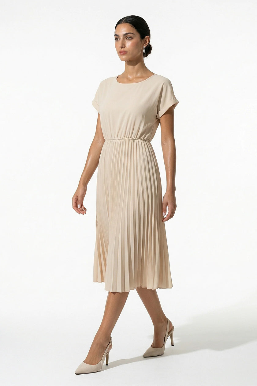 Apricot women's pleated A-line midi dress with round neck, casual style by FJØRNA, perfect for everyday wear