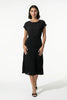 Black FJØRNA women's pleated A-line midi dress with round neck, casual style, perfect for everyday wear.