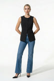 Black women's sleeveless fitted waistcoat by FJØRNA, featuring a button front and summer-appropriate style, full body view.