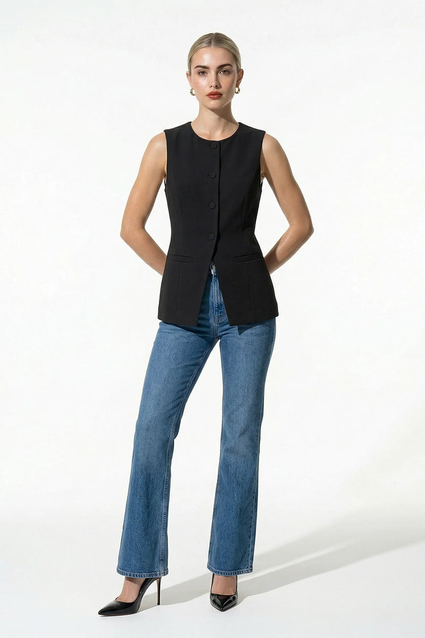 Black women's sleeveless fitted waistcoat by FJØRNA, featuring a button front and summer-appropriate style, full body view.
