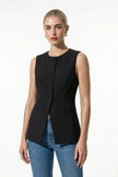 Black women's sleeveless fitted waistcoat by FJØRNA with button front, ideal for summer casual or professional outfits.