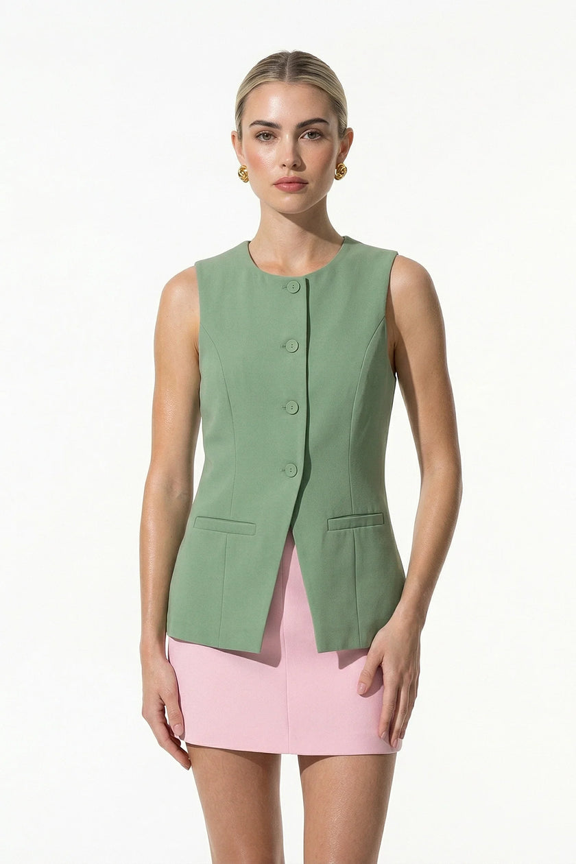 Green sleeveless women's waistcoat by FJØRNA with a fitted design and button-front, perfect for summer style.