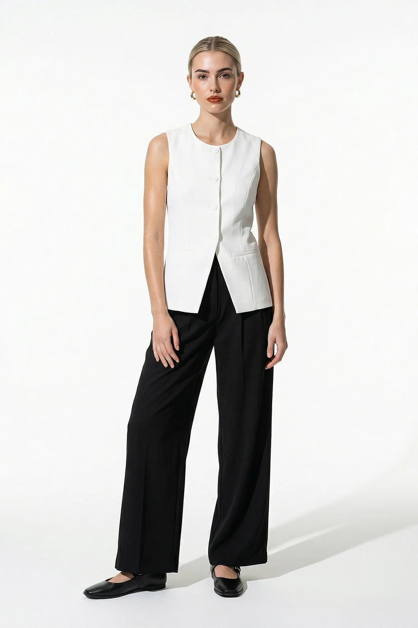 FJØRNA women's sleeveless white fitted waistcoat with button front, perfect for summer fashion, full-body view.