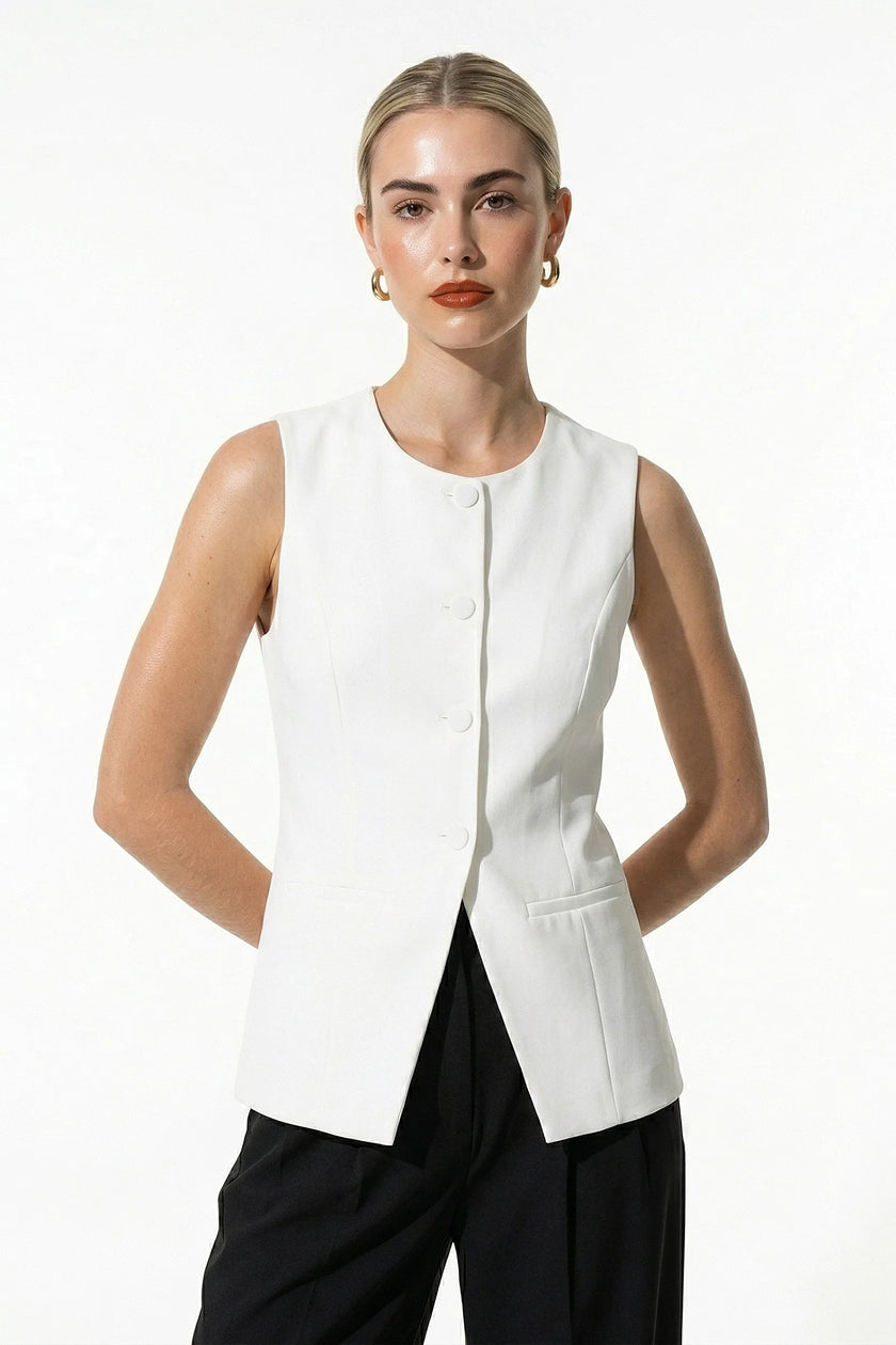 White sleeveless women's fitted waistcoat by FJØRNA, button-front summer vest with tailored fit and casual style.