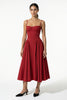 Red FJØRNA backless midi dress for women featuring a sleeveless, pleated design with a halter neckline.