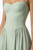 Sage green backless sleeveless midi dress with pleats, halter neckline, designed for women by FJØRNA.