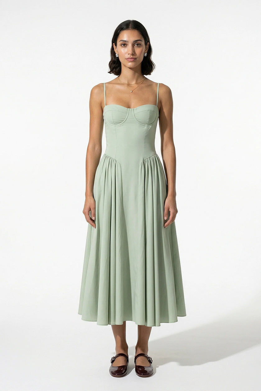 FJØRNA women's backless midi dress in sage green with sleeveless, halter neckline and pleated design.