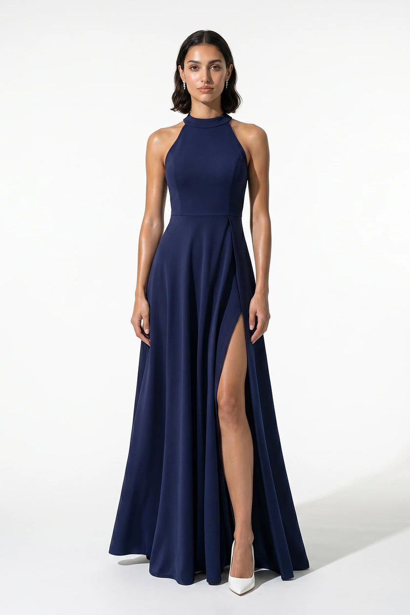 Navy blue FJØRNA sleeveless maxi dress for women with high neck, A-line silhouette, and side slit, stylish and elegant.