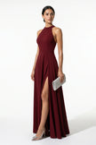 Red sleeveless maxi dress for women by FJØRNA featuring a high neck, A-line silhouette, and side slit.