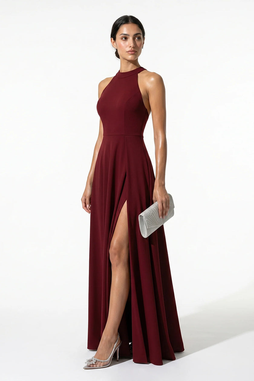 Red sleeveless maxi dress for women by FJØRNA featuring a high neck, A-line silhouette, and side slit.