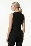Black women's sleeveless waistcoat with tailored fit and metal button details from FJØRNA, shown in close-up detail shot.