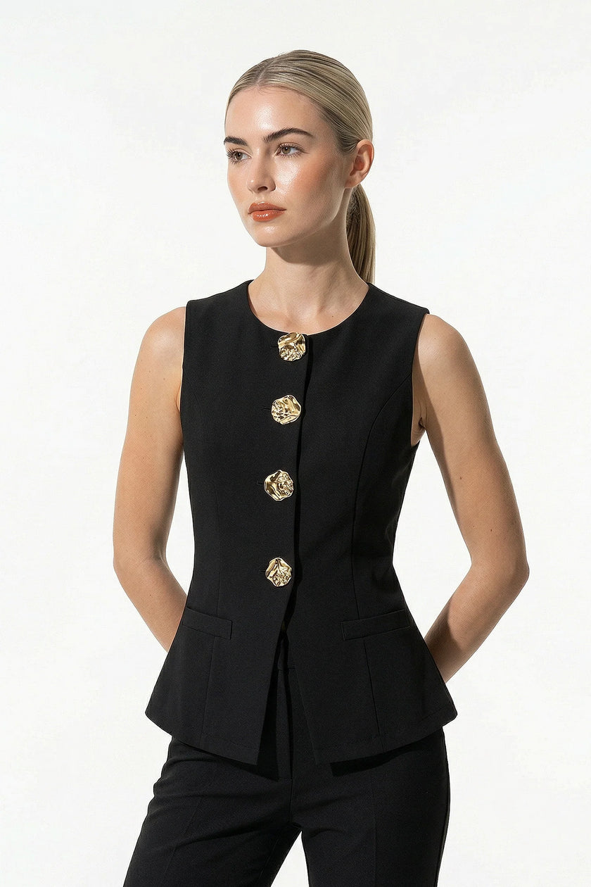 Black women's sleeveless waistcoat by FJØRNA with tailored fit and metal button details, ideal for stylish layered outfits.