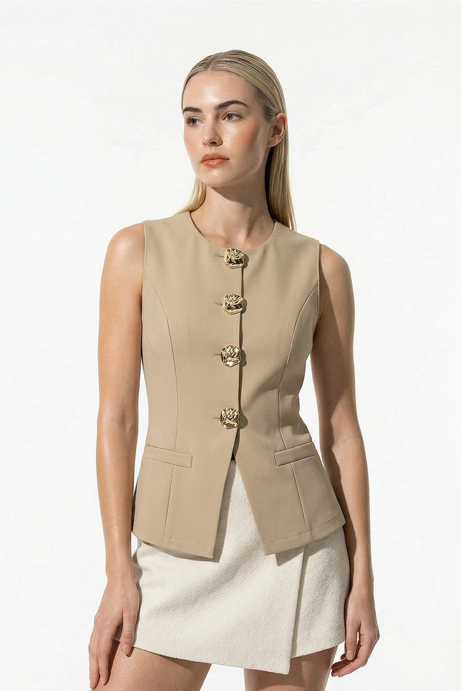 Women's sleeveless khaki waistcoat by FJØRNA with tailored fit and metal button details, perfect for layered styling.