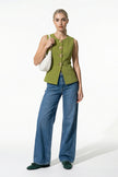 Women’s sleeveless olive waistcoat with tailored fit and metal button details by FJØRNA, shown full body.