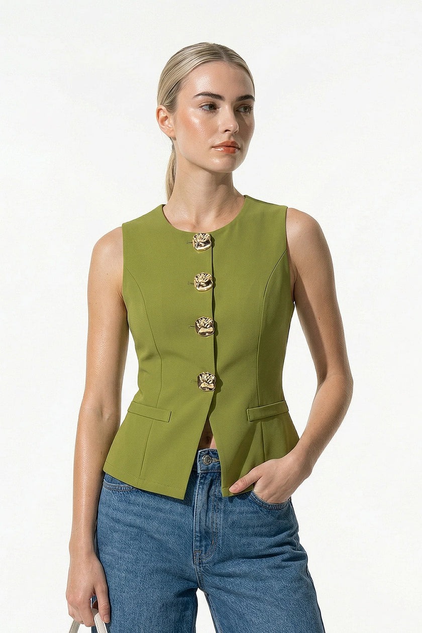 Olive sleeveless women's waistcoat by FJØRNA with tailored fit and metal button details, styled with a V-neck and structured design.