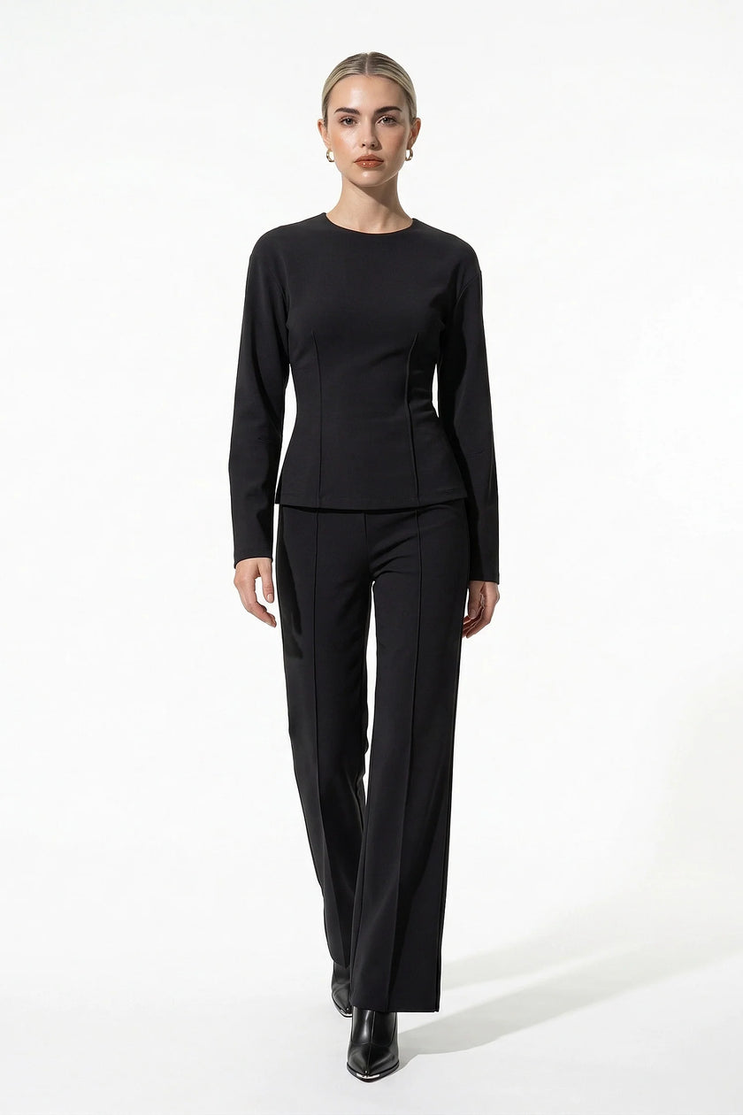 FJØRNA women's slim fit co-ord set with long sleeve top and wide-leg trousers in black, full-body view.