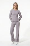 FJØRNA women's slim fit co-ord set with long sleeve top and wide-leg trousers in grey, full-body view.